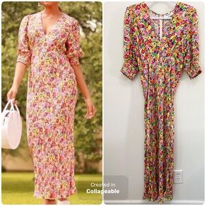 Beautiful Rixo Colorful Feminine Maxi Dress Puff Sleeve V Neck Milkmaid Front